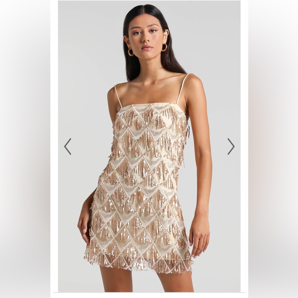 SHOWPO - SHOOK MINI DRESS - CAMI SEQUIN FRINGE DRESS IN CHAMPAGNE SEQUIN